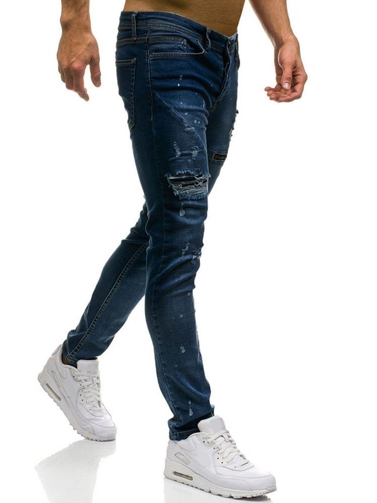 Calças Jeans Com Zíper Liso Com Zíper Na Cintura Média