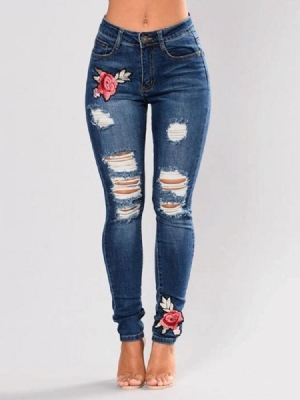 Calças Jeans Femininas Com Bordado Floral Rasgado E Cintura Média