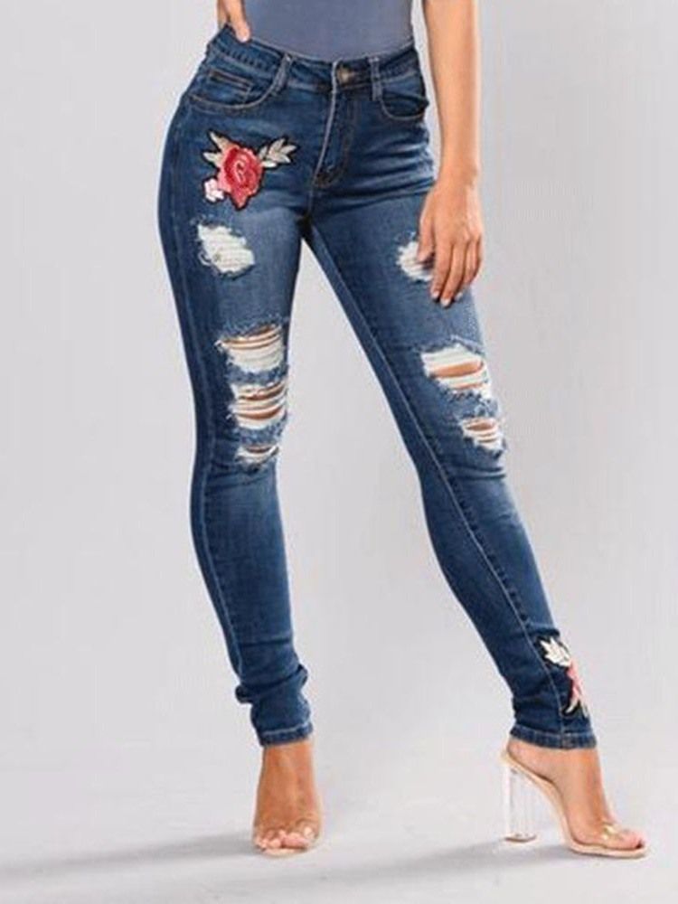 Calças Jeans Femininas Com Bordado Floral Rasgado E Cintura Média