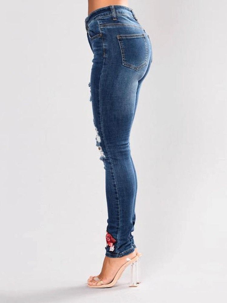 Calças Jeans Femininas Com Bordado Floral Rasgado E Cintura Média