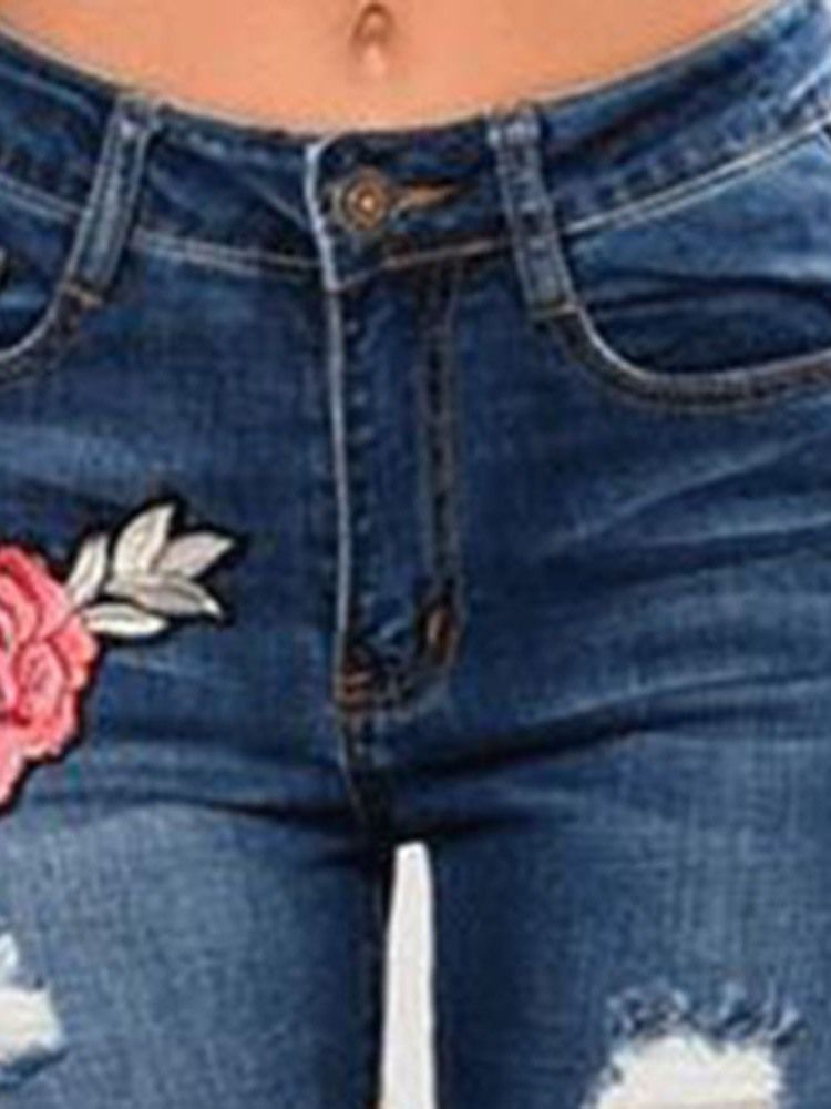 Calças Jeans Femininas Com Bordado Floral Rasgado E Cintura Média