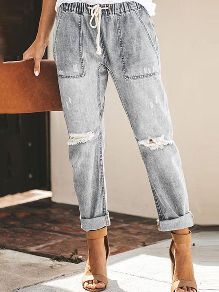 Calças Jeans Femininas Com Elástico Liso Com Cordões