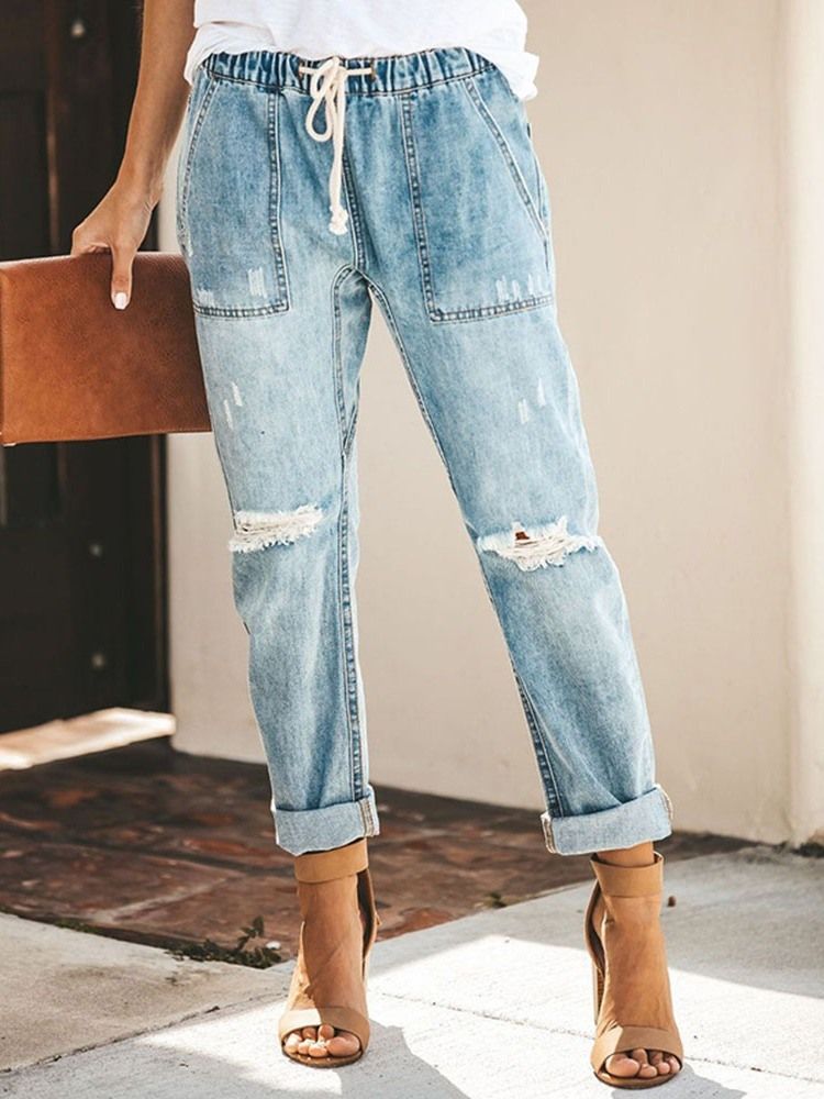 Calças Jeans Femininas Com Elástico Liso Com Cordões