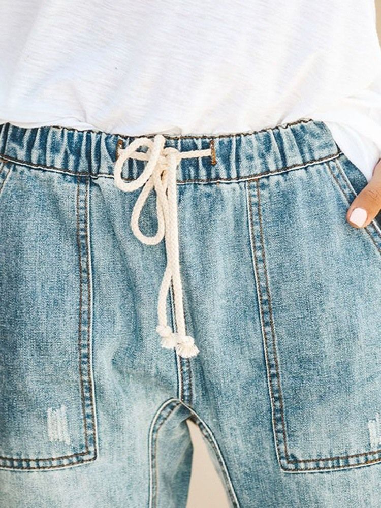 Calças Jeans Femininas Com Elástico Liso Com Cordões