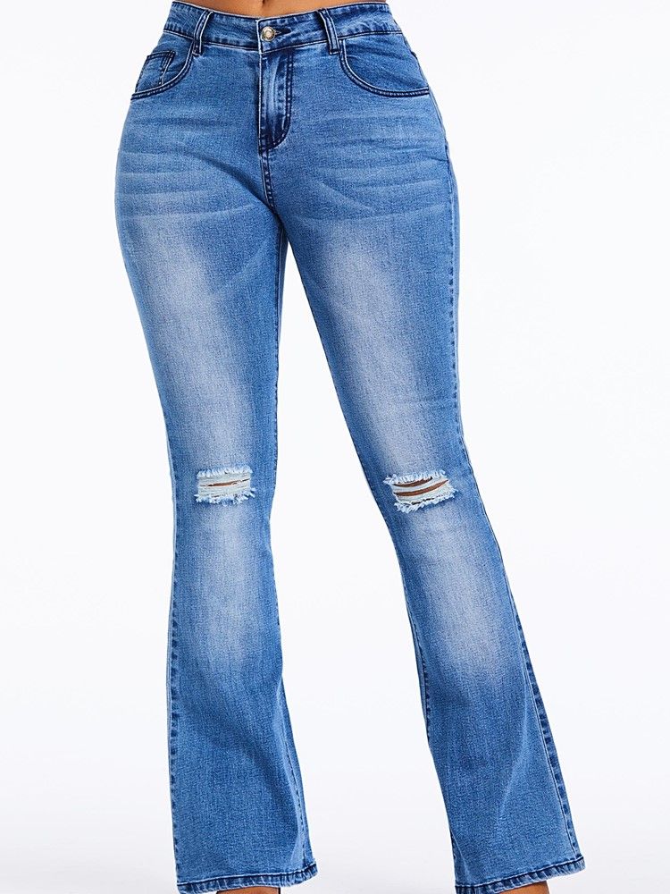 Calças Jeans Femininas Com Zíper De Cintura Alta E Cintura Alta Com Furo Liso