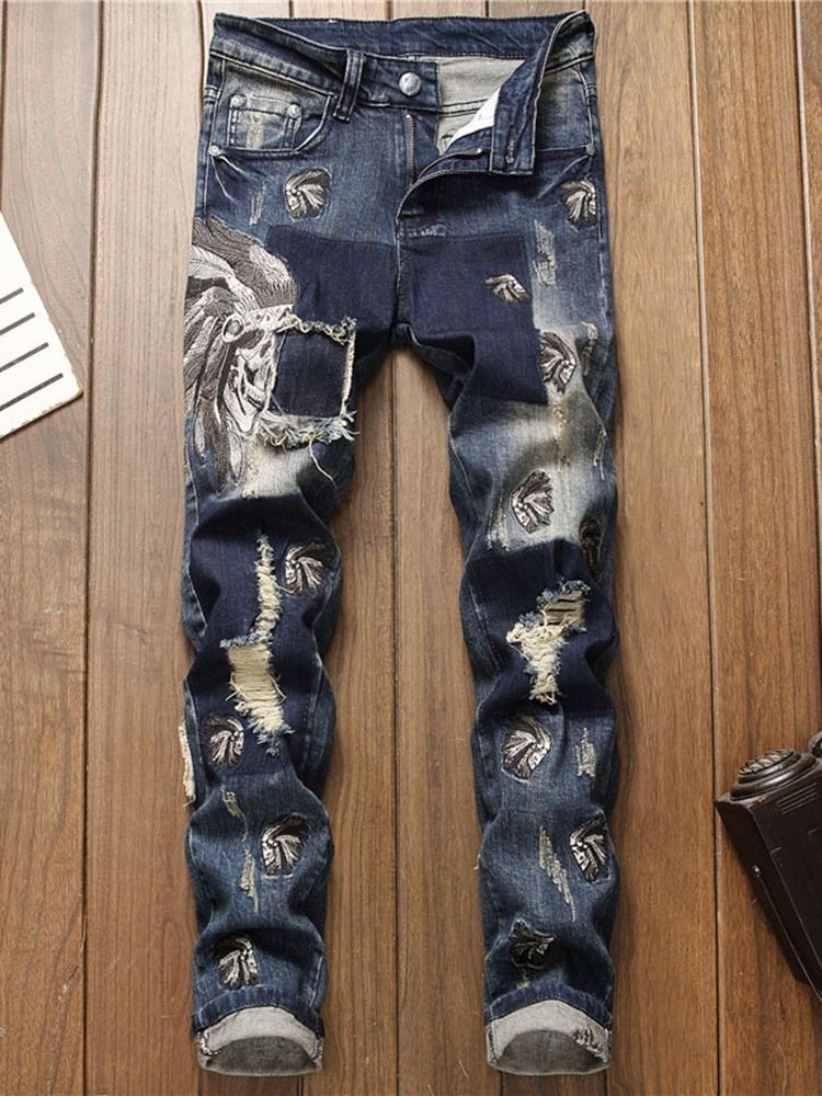 Calças Lápis Bloco Cor Buraco Masculino Jeans Com Zíper De Cintura Média