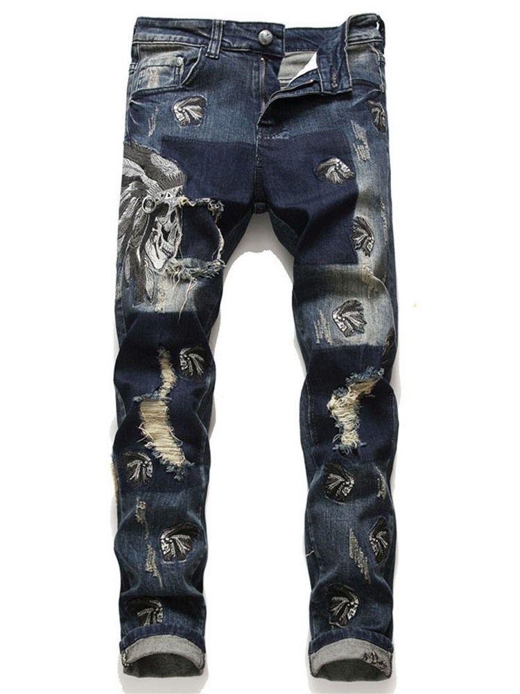 Calças Lápis Bloco Cor Buraco Masculino Jeans Com Zíper De Cintura Média