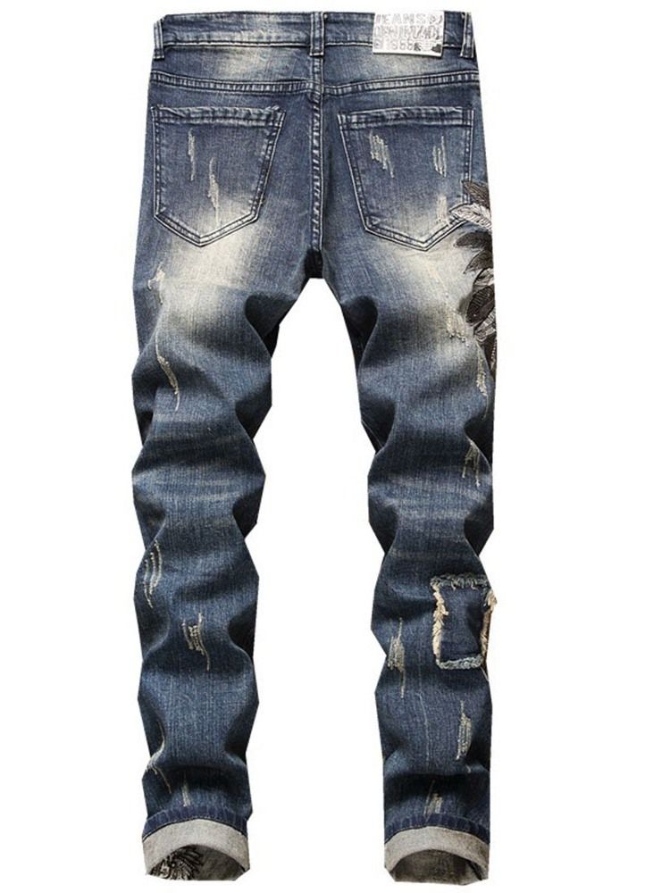 Calças Lápis Bloco Cor Buraco Masculino Jeans Com Zíper De Cintura Média