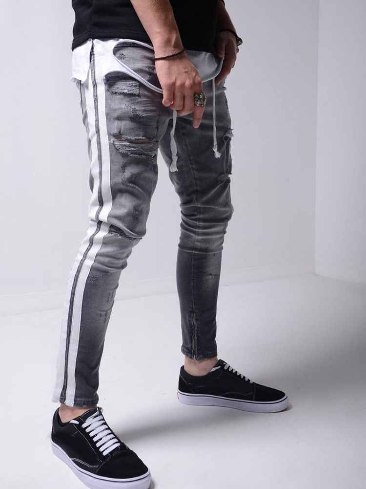 Calças Lápis Hole Masculino Zipper Sports Jeans