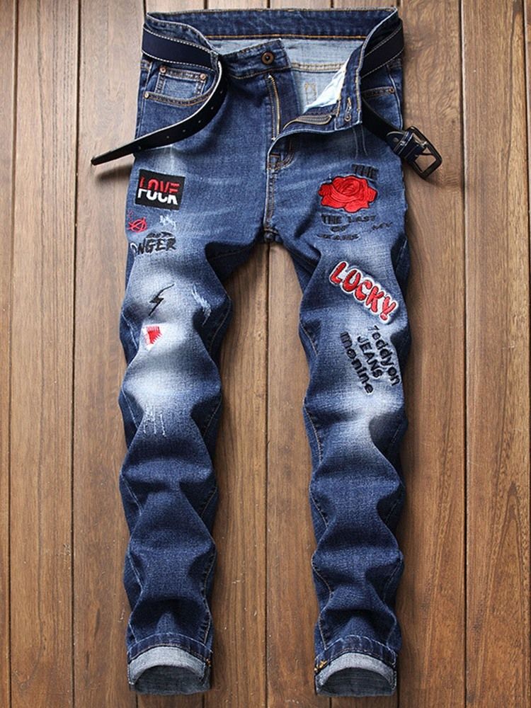 Estampa Jeans Casual Masculino Com Zíper Floral Reto