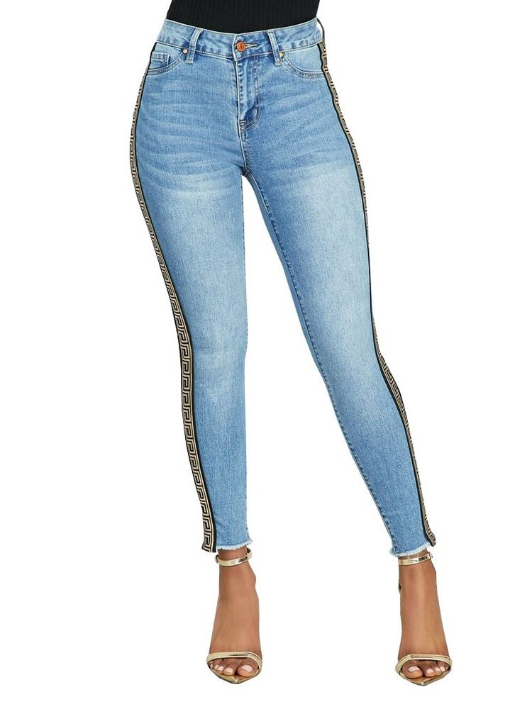 Imprimir Pencil Pants Geometric Skinny Mulheres Jeans De Cintura Alta