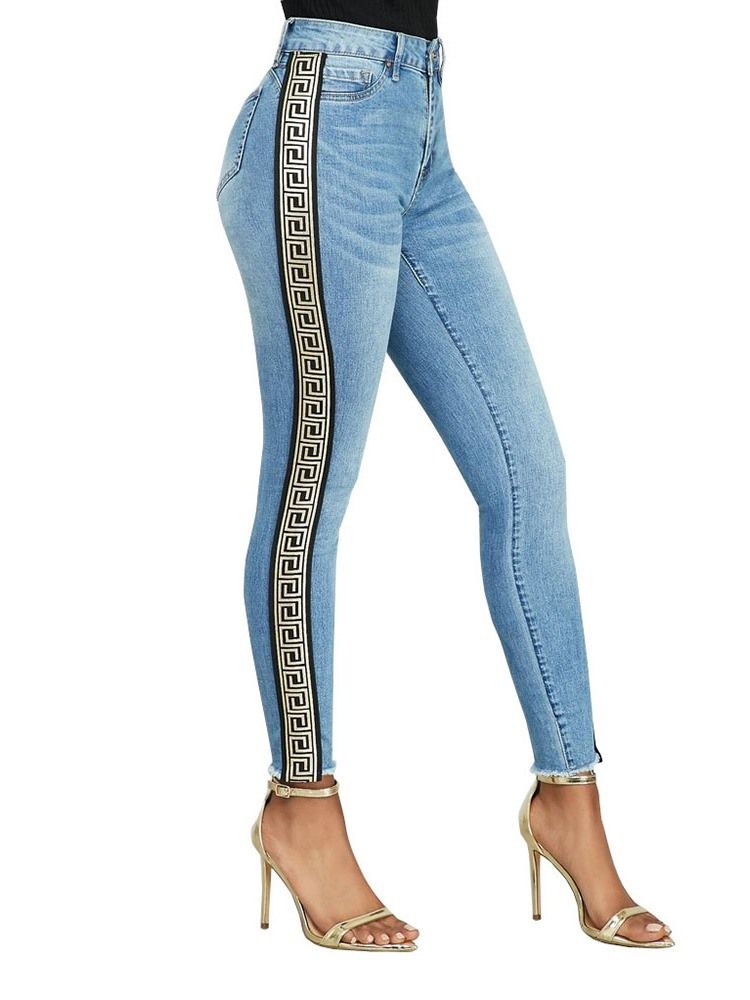 Imprimir Pencil Pants Geometric Skinny Mulheres Jeans De Cintura Alta