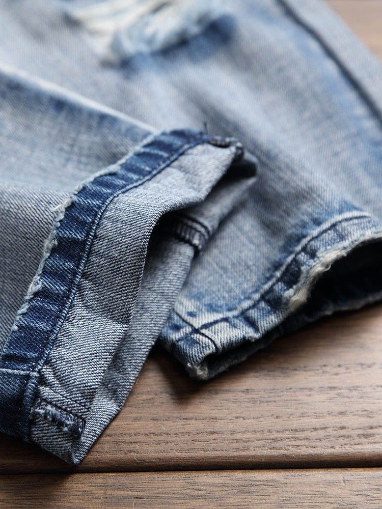 Jeans Casuais Masculinos Com Zíper Reto E Buraco Micro-elástico