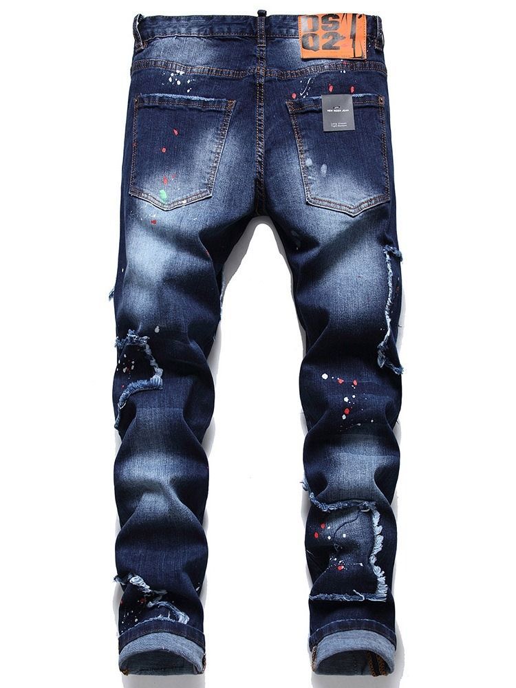 Jeans Masculino Com Botão De Cintura Média E Buraco