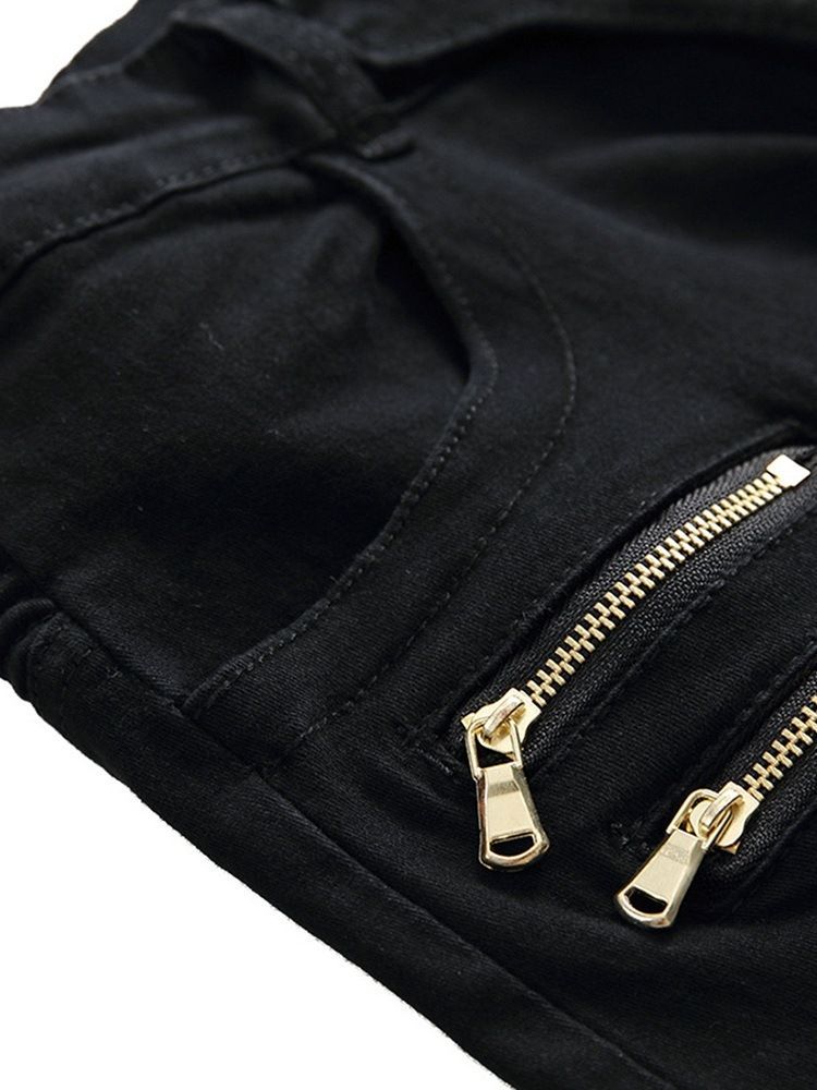 Jeans Masculino Com Zíper Liso Plissado Cintura Média