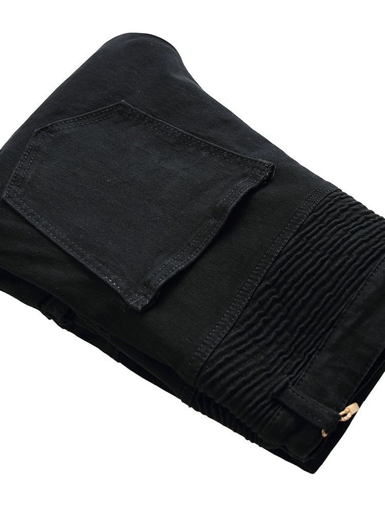 Jeans Masculino Com Zíper Liso Plissado Cintura Média