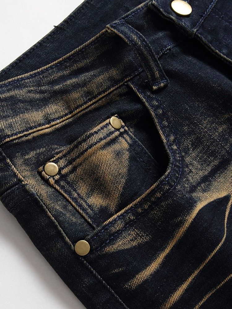 Jeans Masculinos Geométricos Retos Desgastados Com Cintura Média Vintage