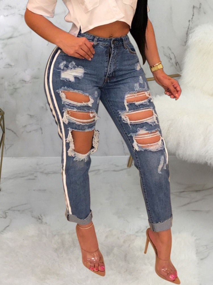 Jeans Stripe Hole Slim Zipper Femininos