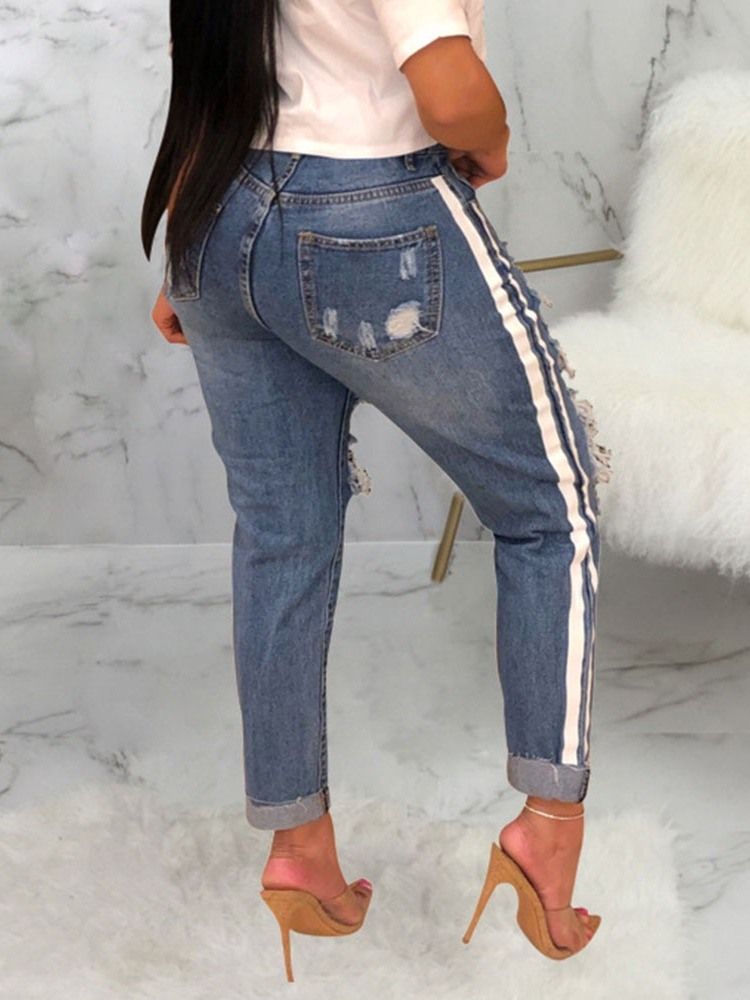 Jeans Stripe Hole Slim Zipper Femininos