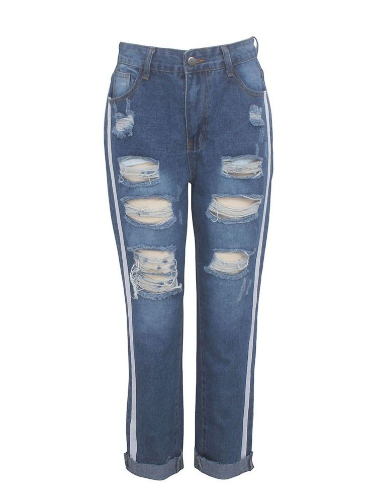 Jeans Stripe Hole Slim Zipper Femininos