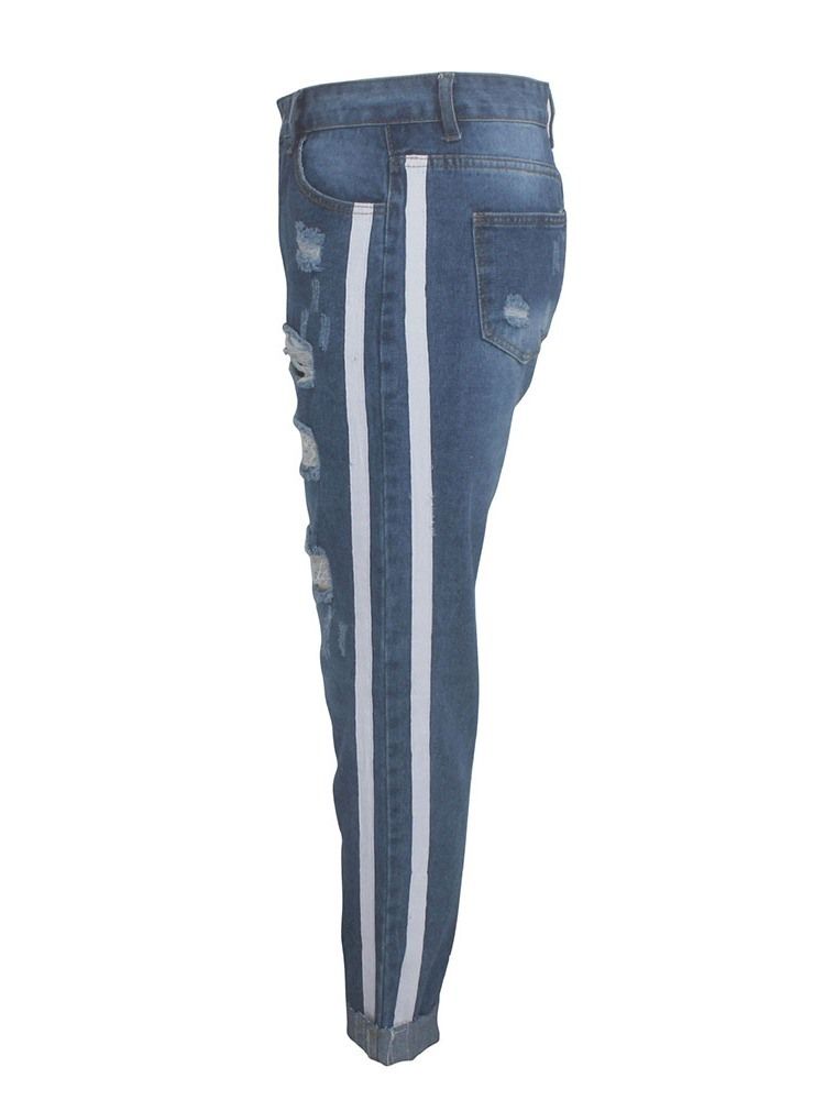 Jeans Stripe Hole Slim Zipper Femininos