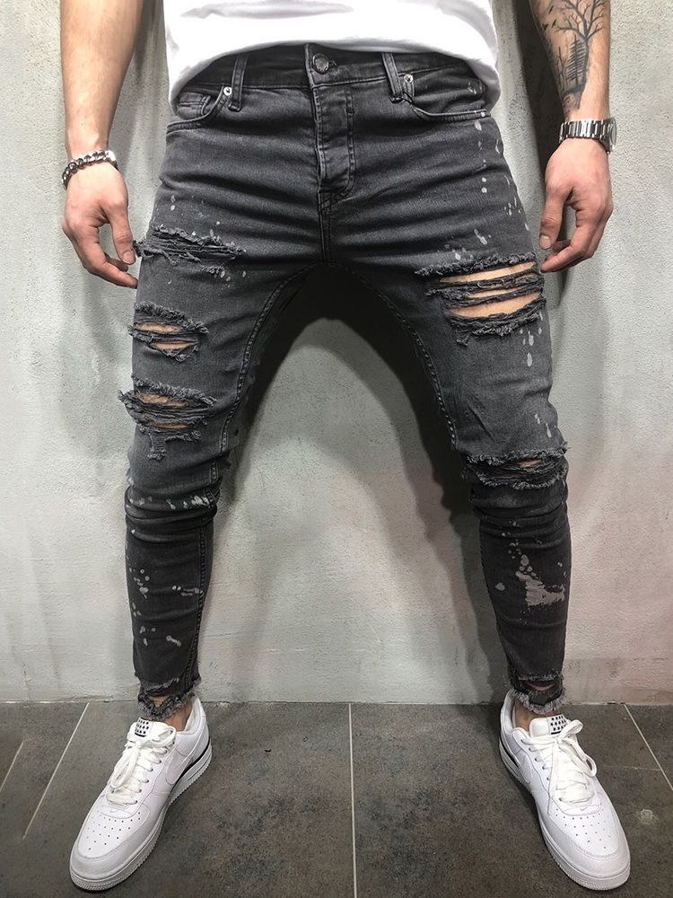 Lápis Buraco Liso Casual Cintura Média Calça Jeans Masculina