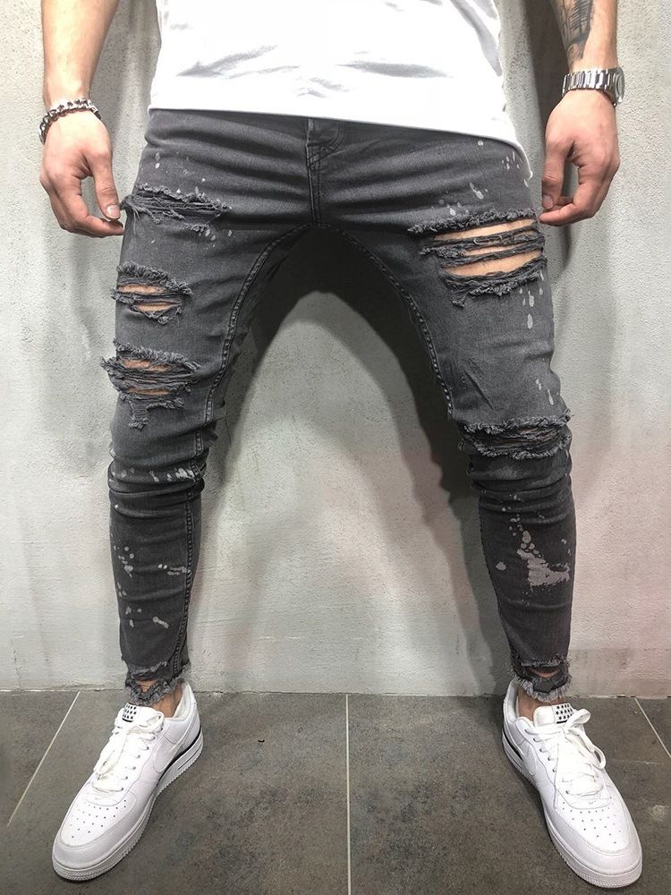 Lápis Buraco Liso Casual Cintura Média Calça Jeans Masculina