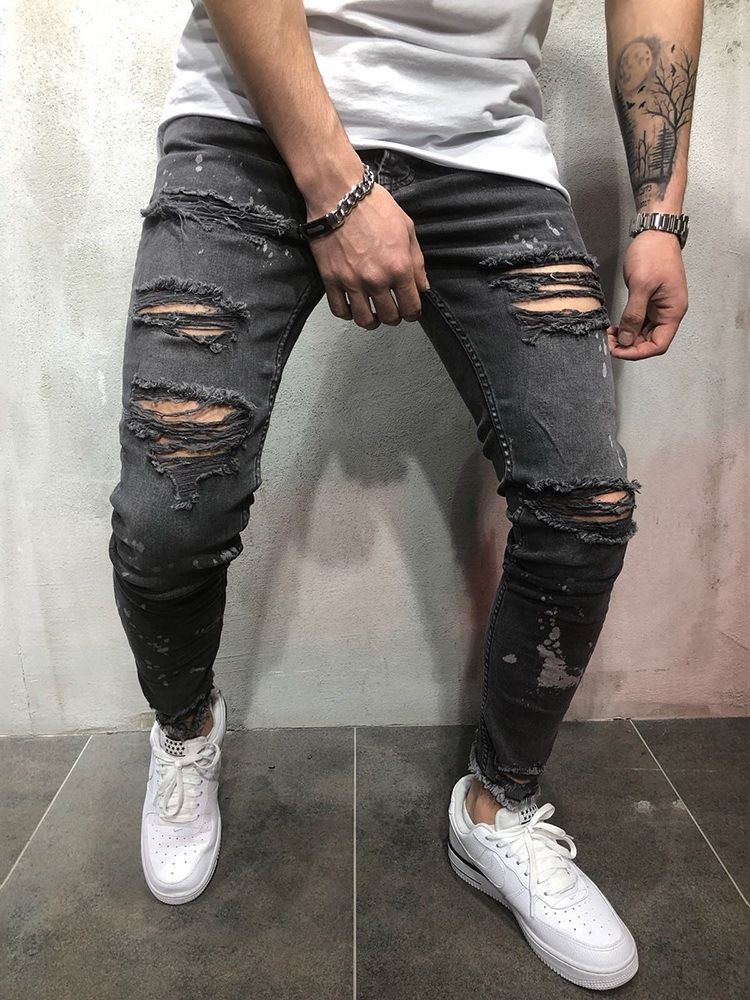 Lápis Buraco Liso Casual Cintura Média Calça Jeans Masculina