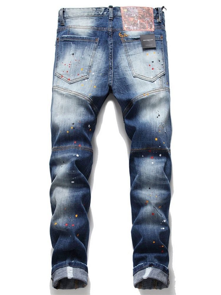 Letter Paint Splatters Calça Jeans Europeu Masculino De Cintura Média