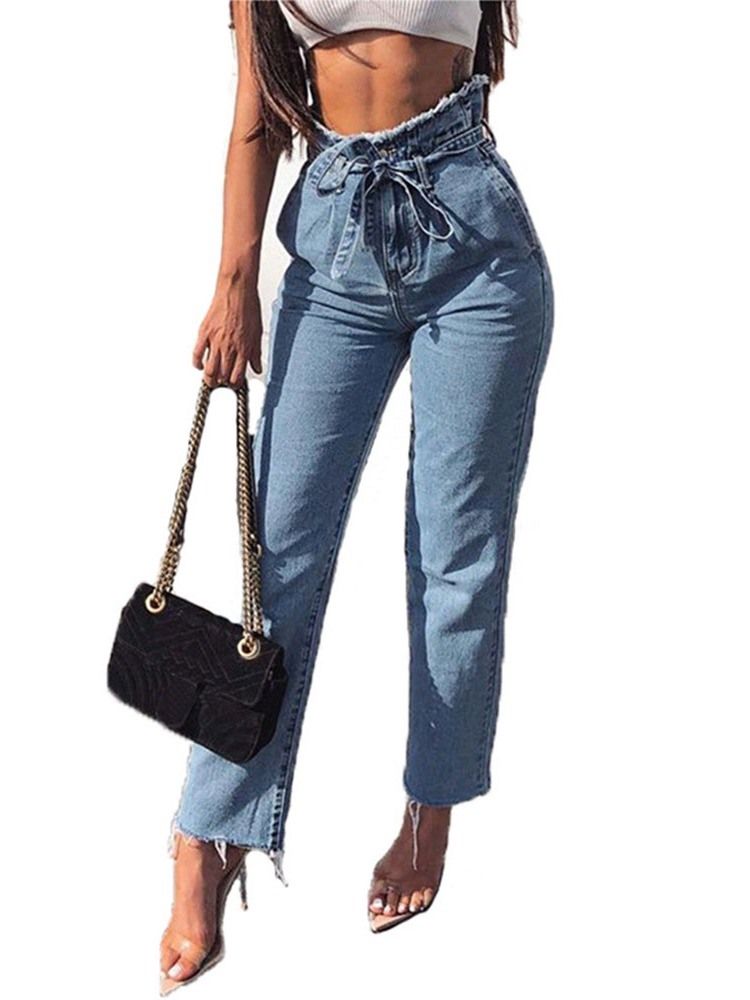 Moda Feminina Simples De Renda Com Bolso E Zíper Jeans