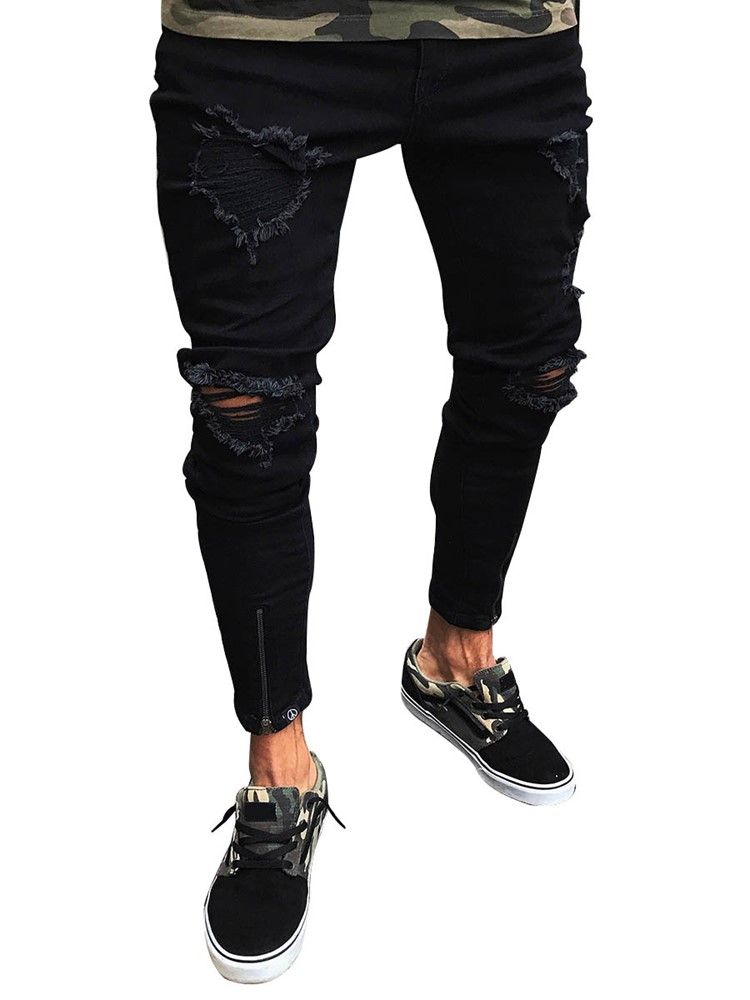 Roupas Masculinas Jeans Magros Rasgados Pretos