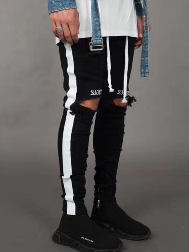 Side Striped Color Block Mens Casual Ripped Jeans