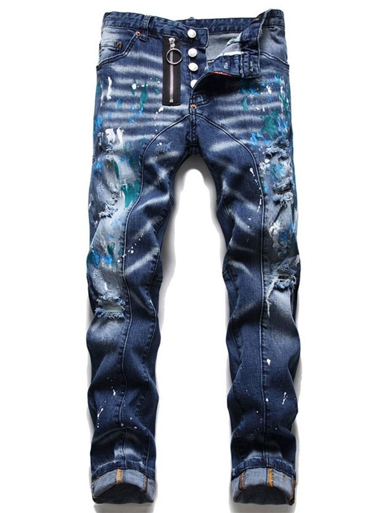 Straight Paint Splatters Masculino Com Botão Jeans Europeus