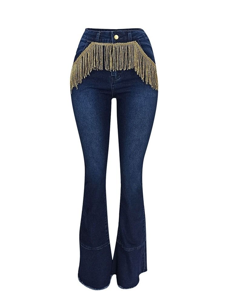 Tassel Bellbottoms Feminino Color Block Cintura Alta Calça Jeans Slim