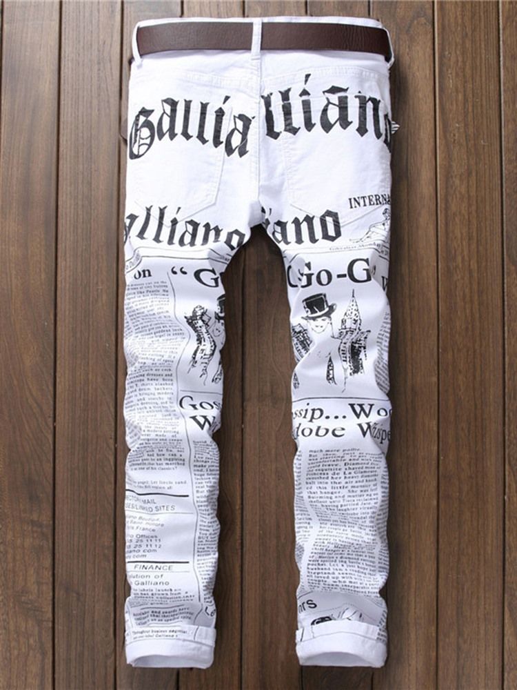 White Denim Letter Print Vogue Slim Homens Jeans