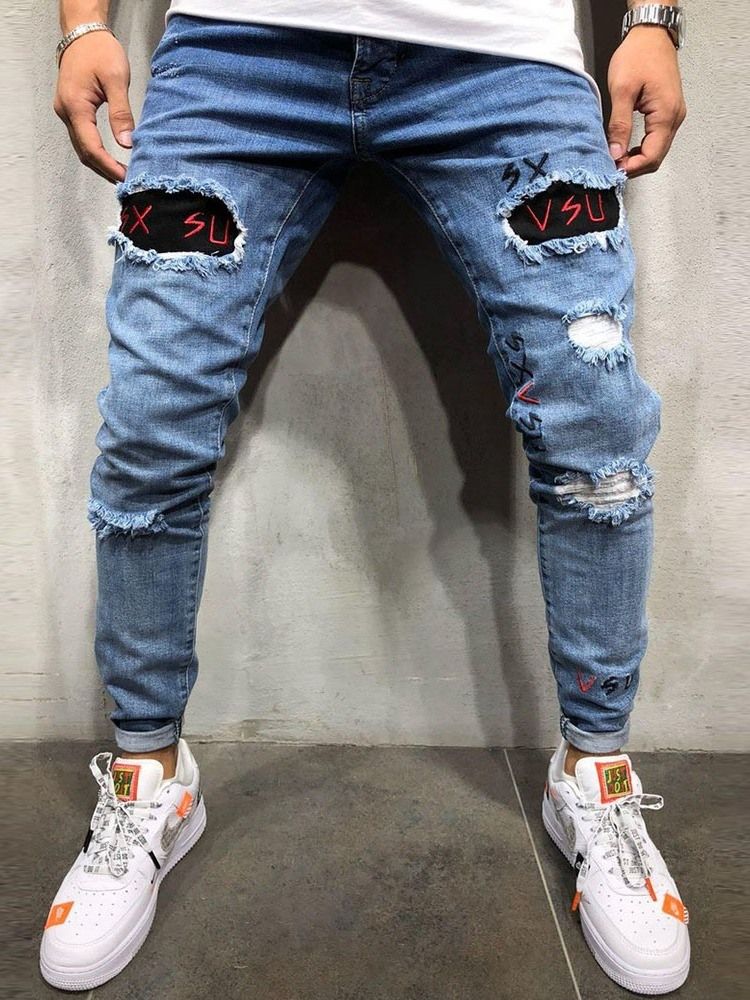 Zipper Color Block Mens Zipper Casual Jeans