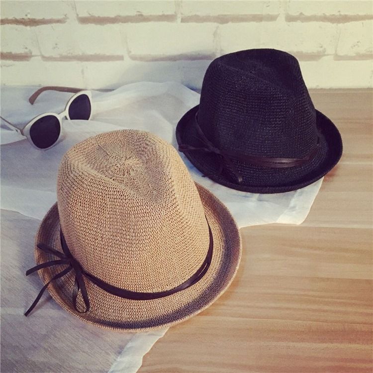 Chapéu De Jazz Bowknot Straw Sunhat Para Mulheres