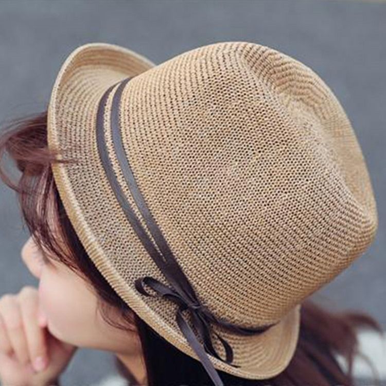 Chapéu De Jazz Bowknot Straw Sunhat Para Mulheres