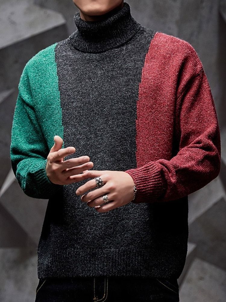 Color Block Patchwork Padrão Suéter Casual Masculino