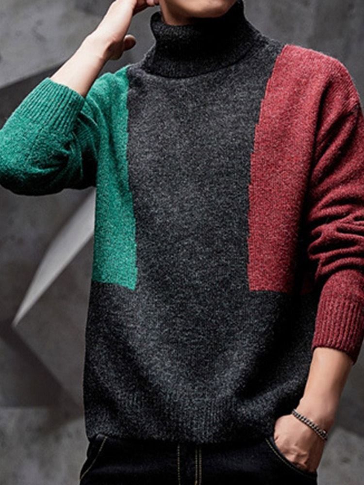 Color Block Patchwork Padrão Suéter Casual Masculino