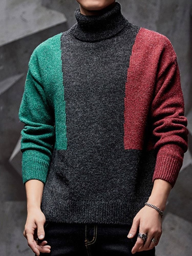 Color Block Patchwork Padrão Suéter Casual Masculino