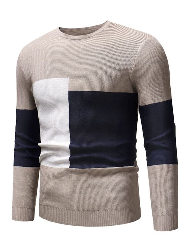 Color Block Patchwork Redondo Decote Suéter Slim Masculino Casual