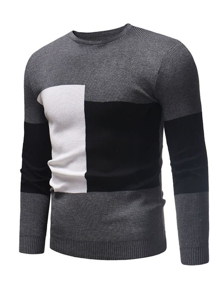 Color Block Patchwork Redondo Decote Suéter Slim Masculino Casual