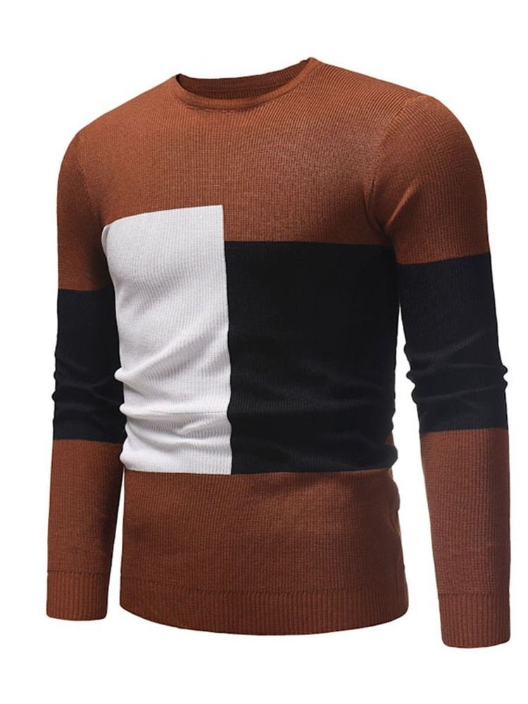 Color Block Patchwork Redondo Decote Suéter Slim Masculino Casual