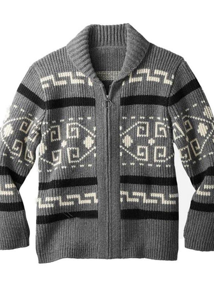 Suéter Solto De Inverno Padrão Geométrico Lapela Masculino