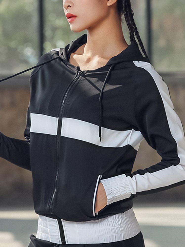 Tops Esportivos Com Zíper Com Bloco De Cor Anti-suor De Patchwork Feminino