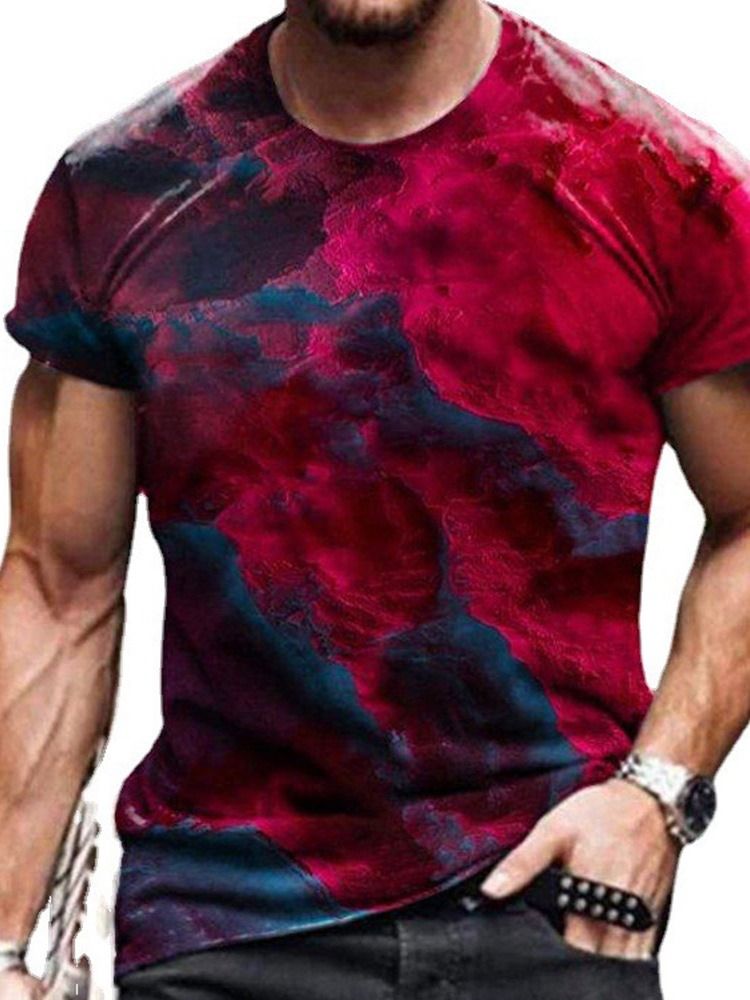 Bloco De Cores Em Torno Do Pescoço Estampa Pulôver Camiseta Masculina De Manga Curta