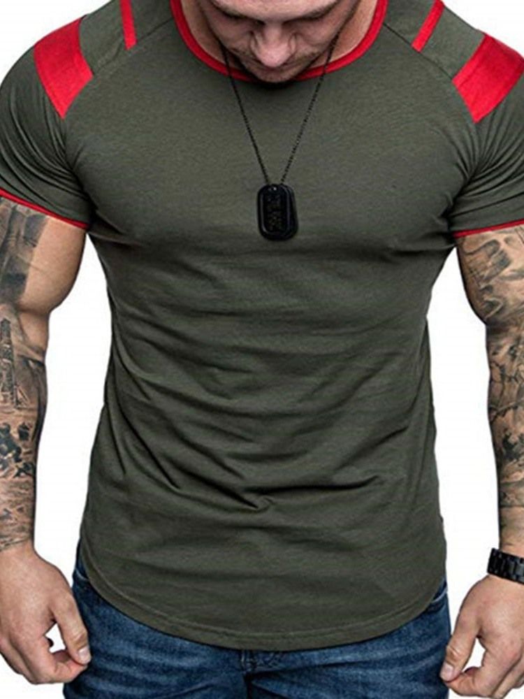 Bloco De Cores Em Volta Do Pescoço Patchwork Pulôver De Manga Curta Camiseta Masculina