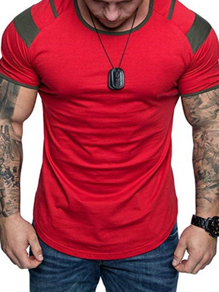 Bloco De Cores Em Volta Do Pescoço Patchwork Pulôver De Manga Curta Camiseta Masculina