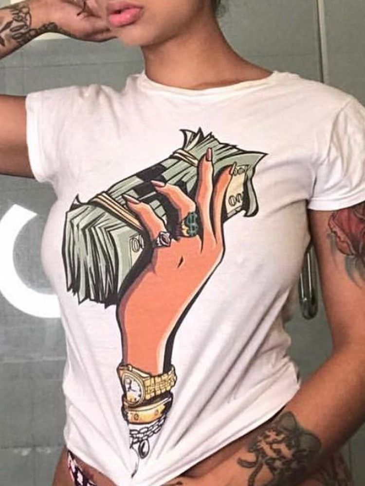 Camiseta Casual Feminina Padrão De Manga Curta Em Volta Do Pescoço